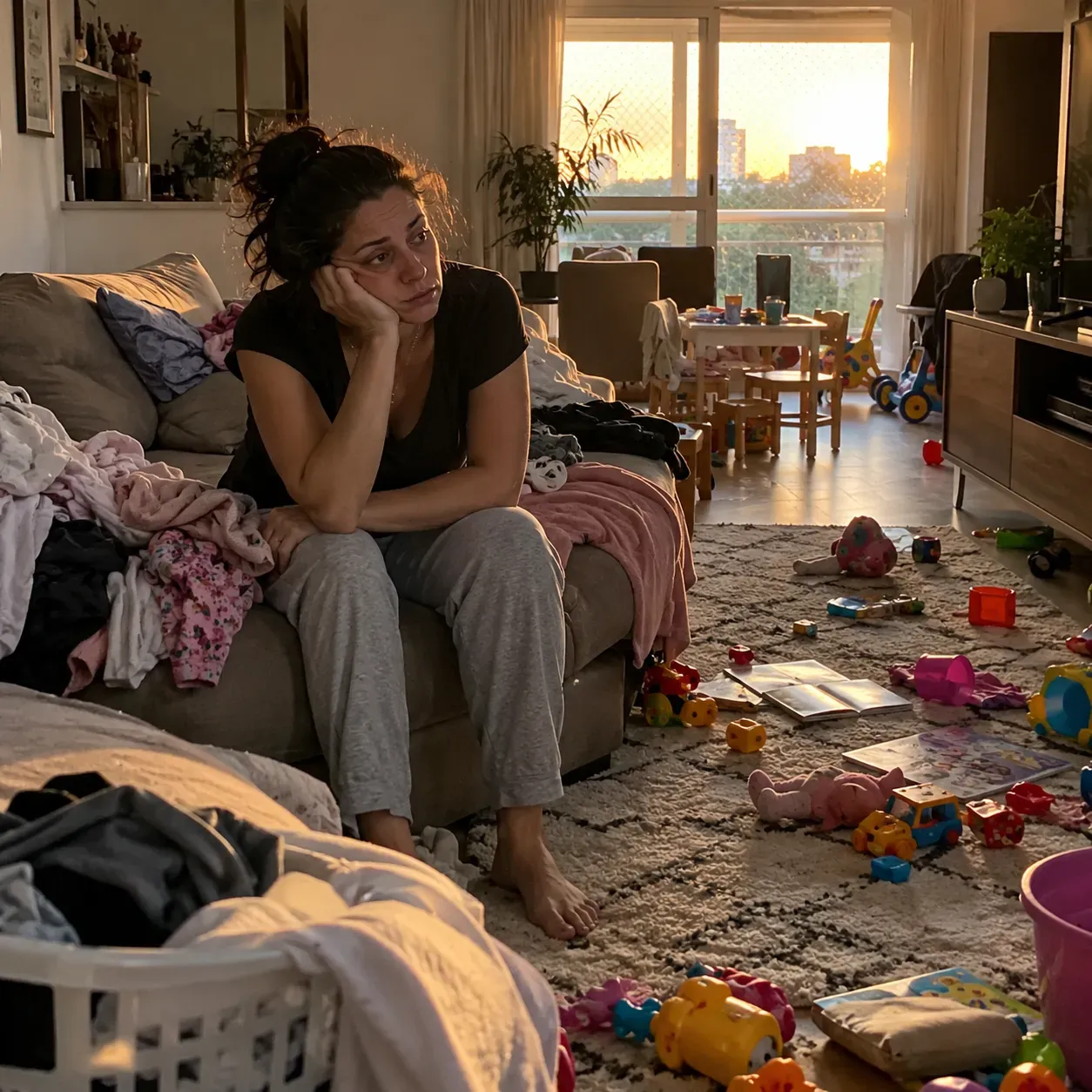Müde Frau auf dem Sofa in einem unordentlichen Wohnzimmer