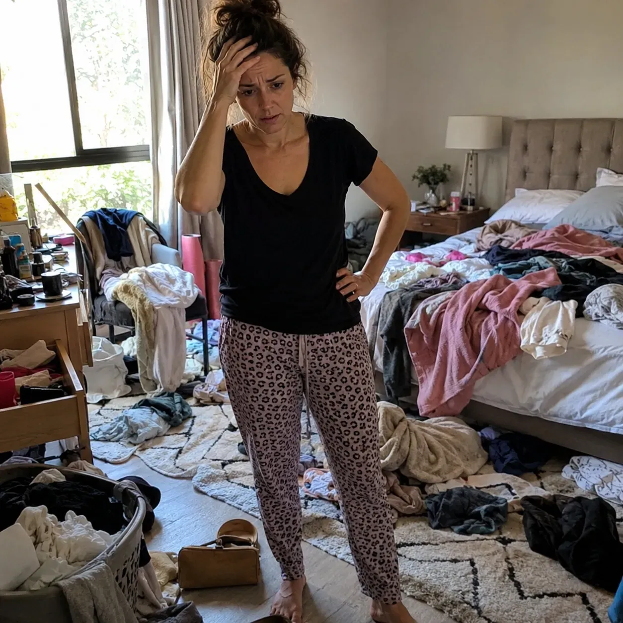 Frau mitten in einem unordentlichen Zimmer